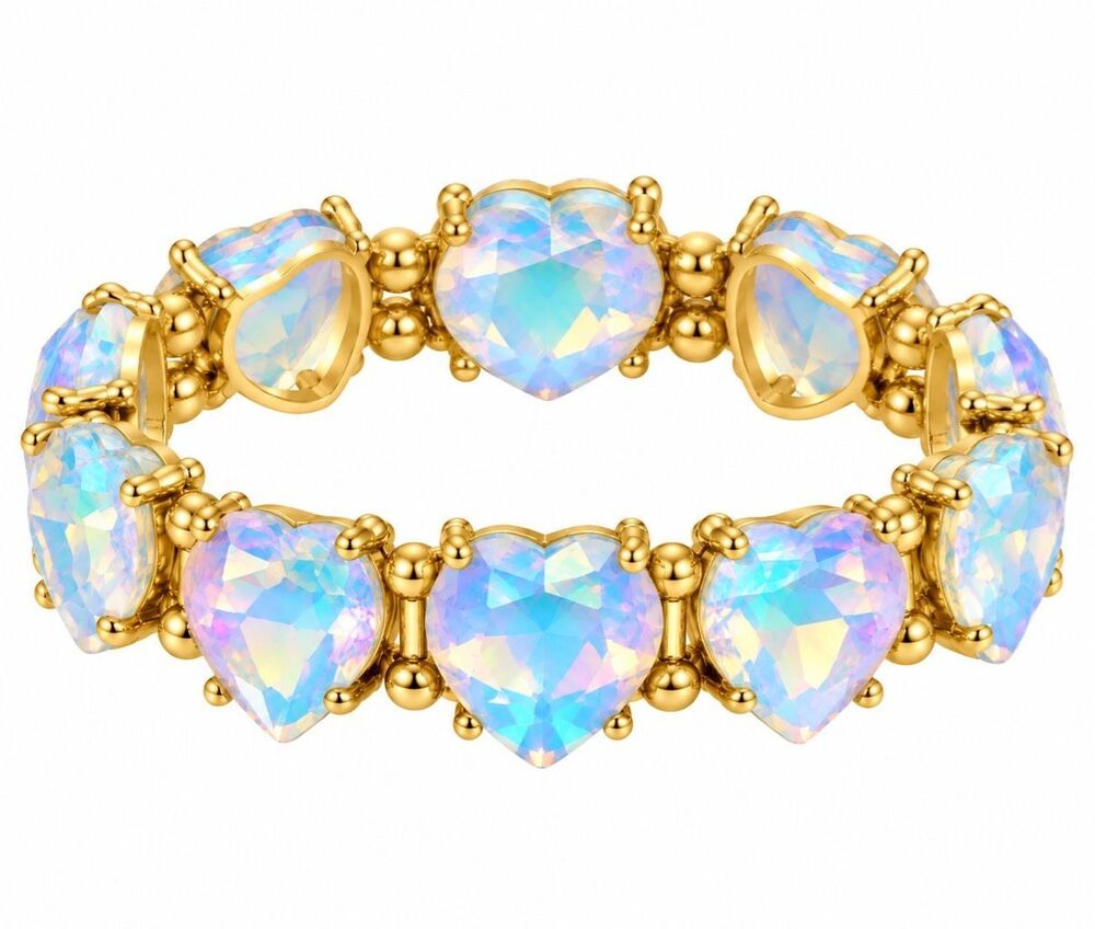Iridescent AB Crystal Heart Blue Gold Tone Stretch Statement Bracelet